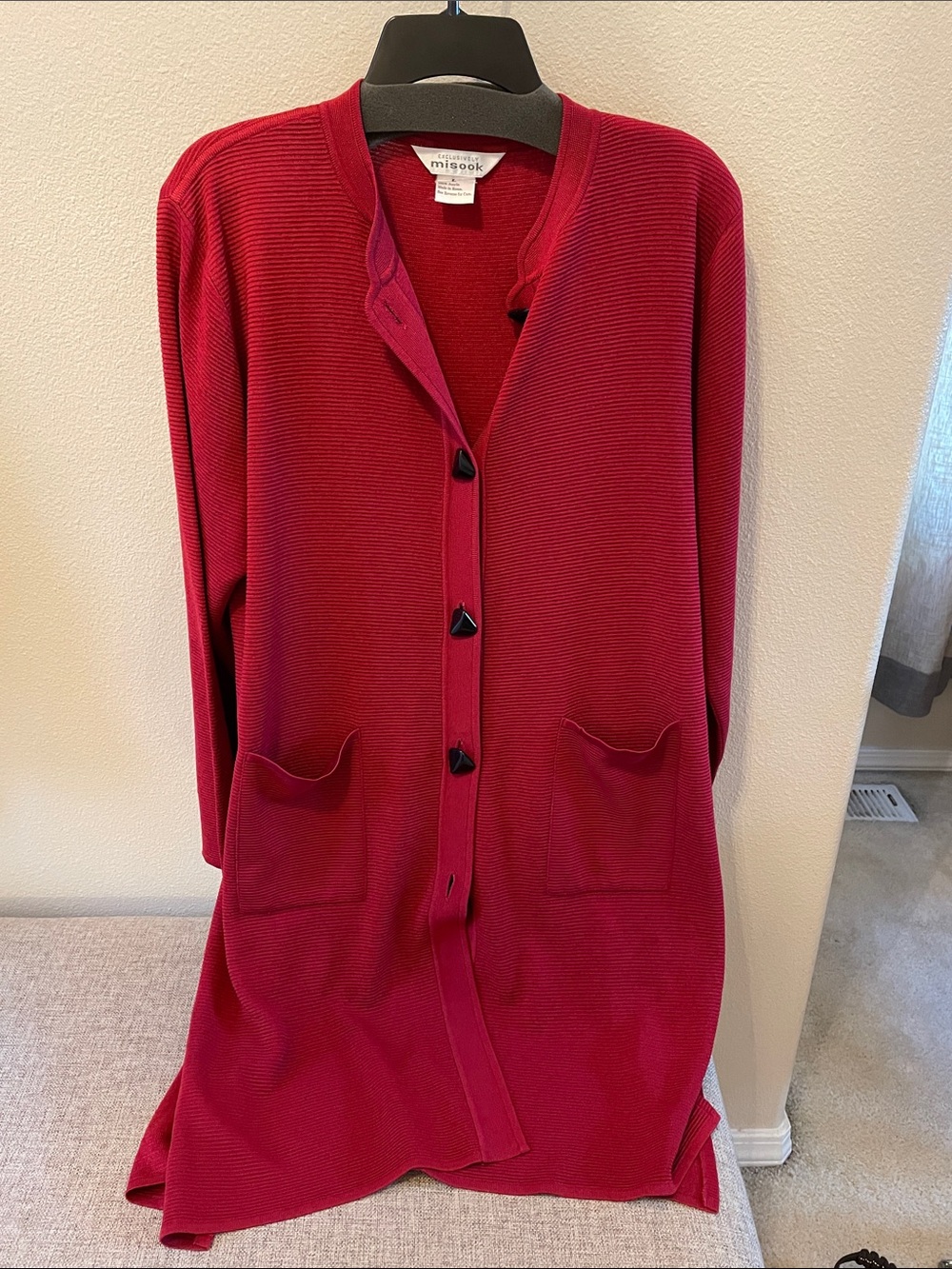 Misook Deep Red Long Ribbed Button Cardigan L